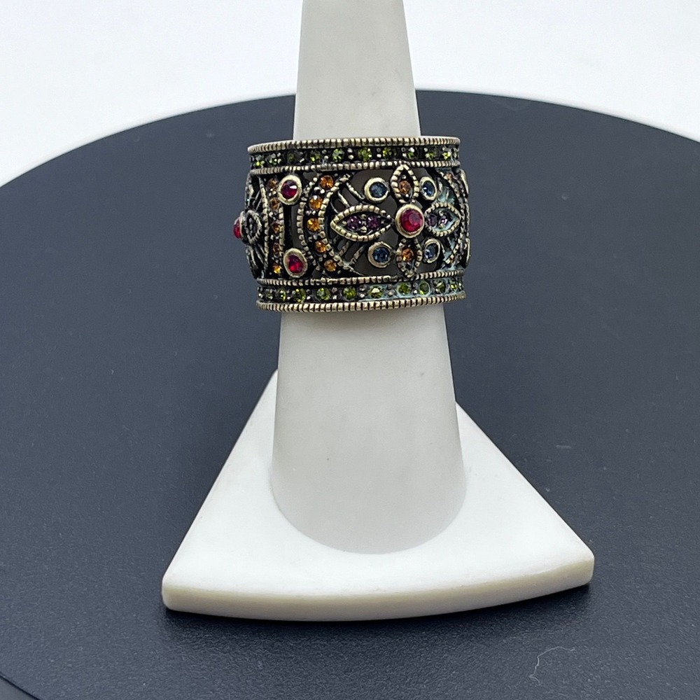 Heidi Daus Vintage Wide Art Deco Crystal Red Cocktail Ring Sz 7.5
